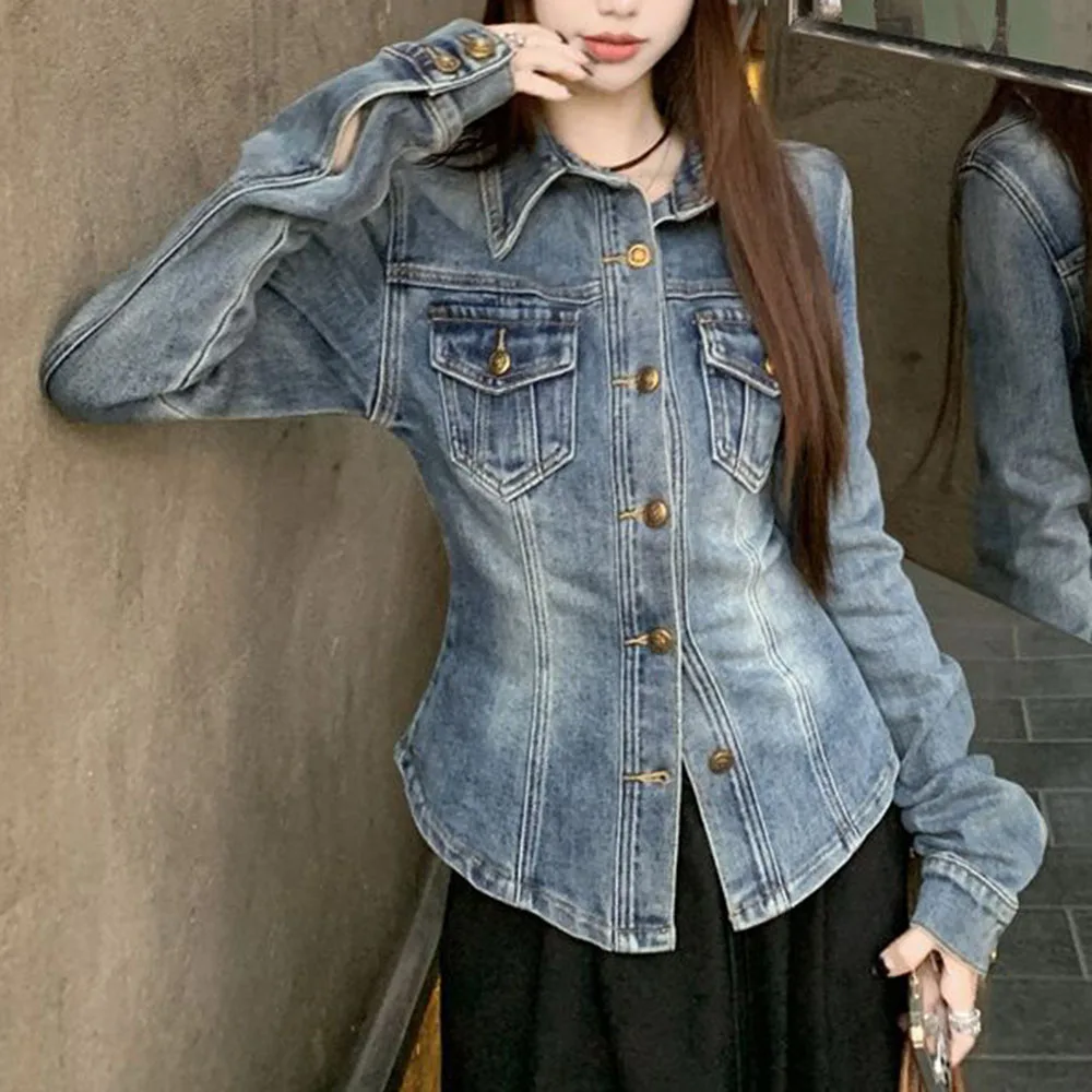 Retro blue long-sleeved shirt jacket women's autumn slim-fitting waist denim shirt design temperament cardigan top