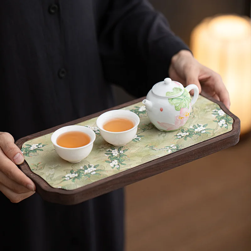 Wooden Tea Tray, Walnut Color Rectangular Tea Set Holder with Water Absorption & Dry Soaking Design - Chinese Style Tea Ceremony
