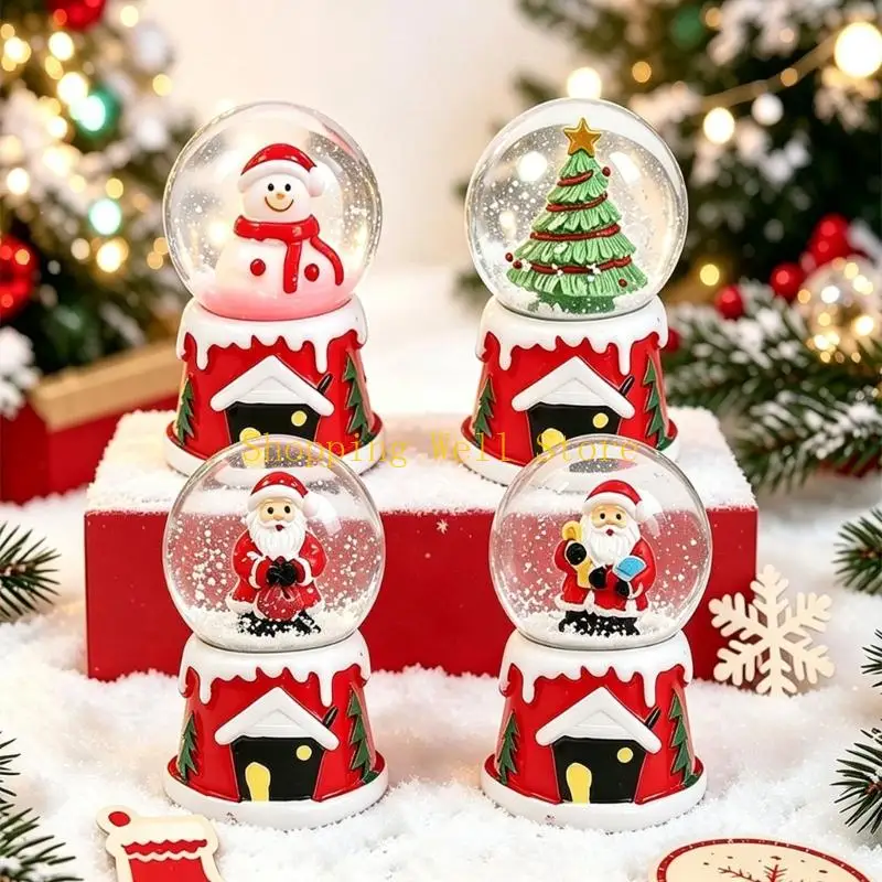 KX4B Mini LED Christmas Display Accent for Desks and Shelves, Lighted Water Ornament with Falling Snow Effect, Glass Holiday