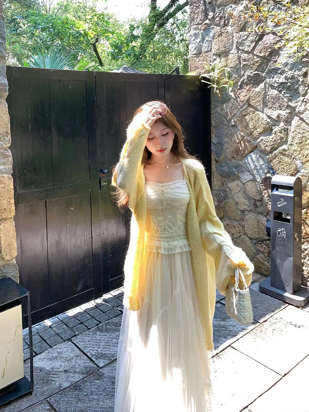 

NMIOK Вязаный кардиган-жакет с рукавами-фонариками и жемчужными пуговицами, свободный крой, для ранней осени, женская модная одежда