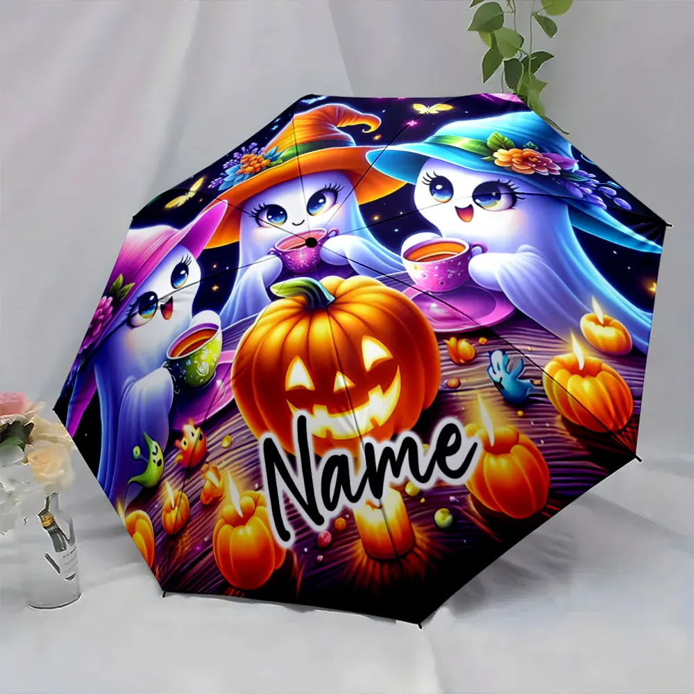 Custom Name  Halloween Umbrella with Ghosts and Pumpkins Design Print 8 Iron Ribs Folding Umbrella Auto-Open Fashion Sunshade