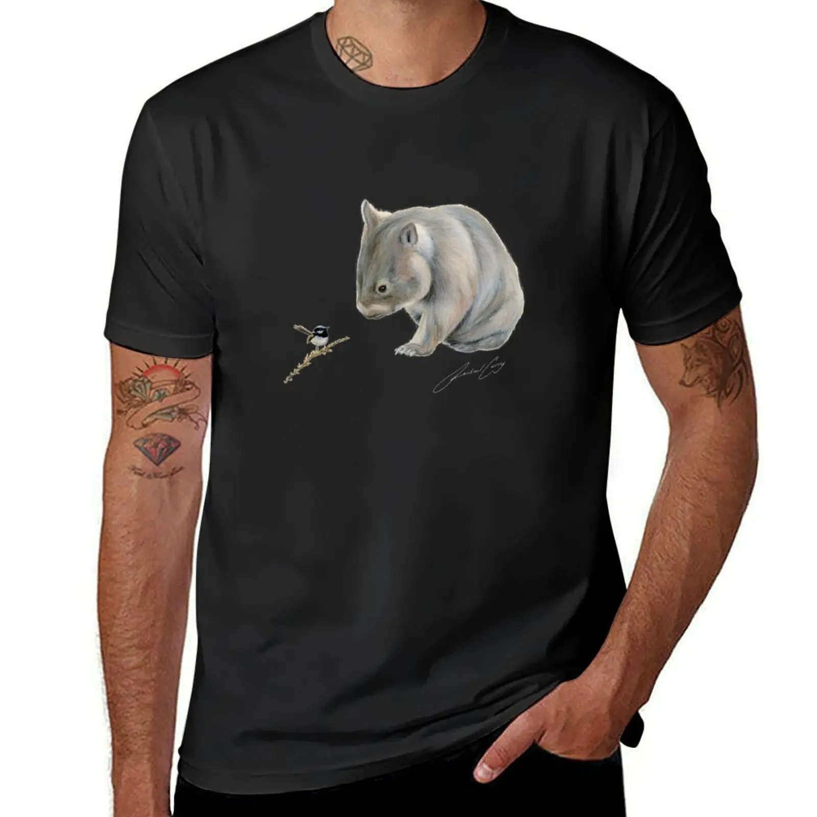 Wombat and Blue Wren Friends with signature. Superb blue fairy wren. T-Shirt boys whites funnys heavyweight t shirts for men