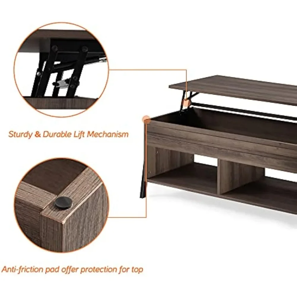 Lift Top Coffee Table with Hidden Compartment and Storage Shelf, Rising Tabletop Dining Table for Living Room Reception Room