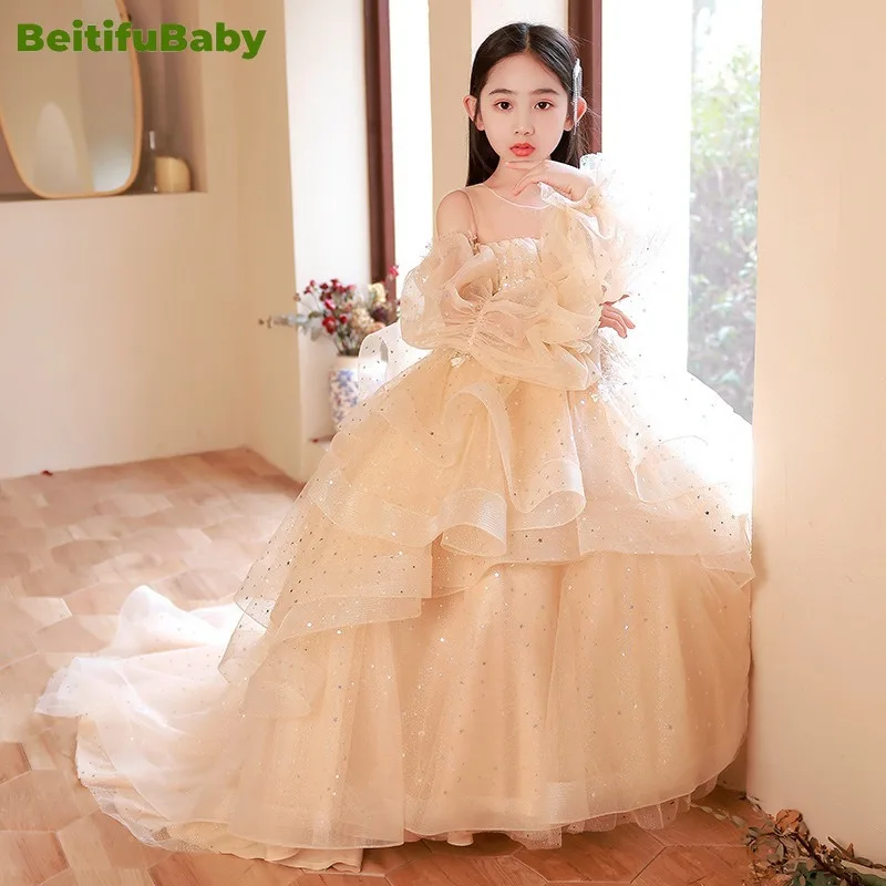 BeitifuBaby Vintage Flower Girl Dresses Princess Style Long-sleeved Round Neck Tiered Skirts Ball Gown Pageant Dress for Girls