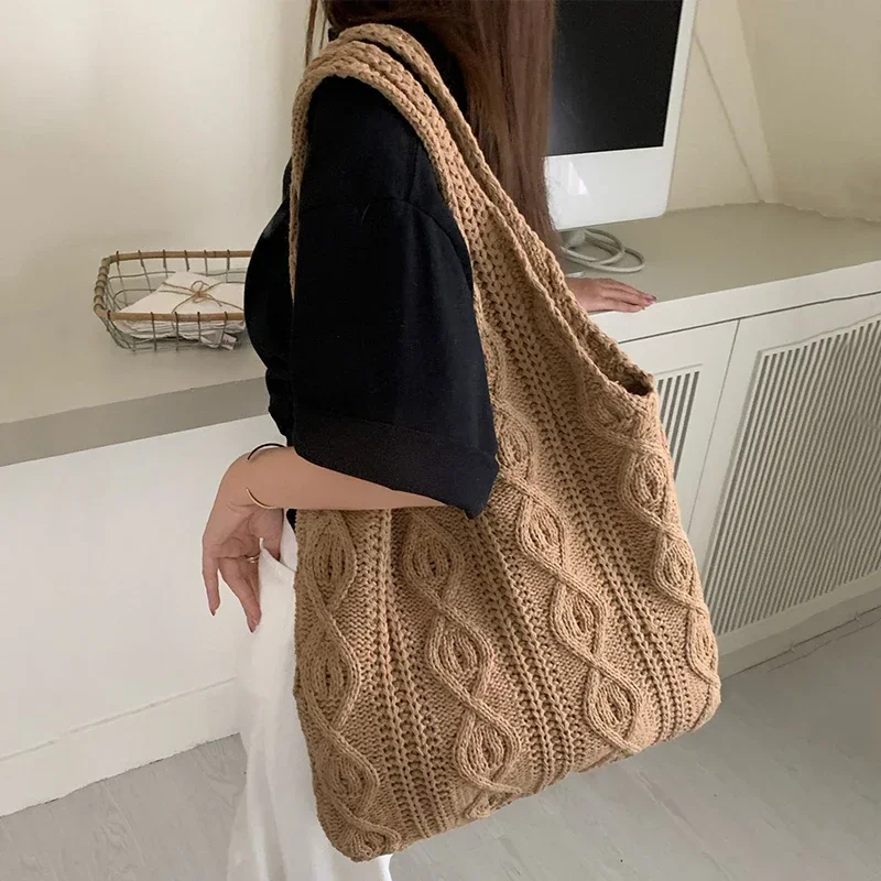 

Wool Knitted Shoulder Shopping Bag for Women Vintage Girls Tote Shopper Bag Large Female Handbag Crochet Bags Travel Bag 2025