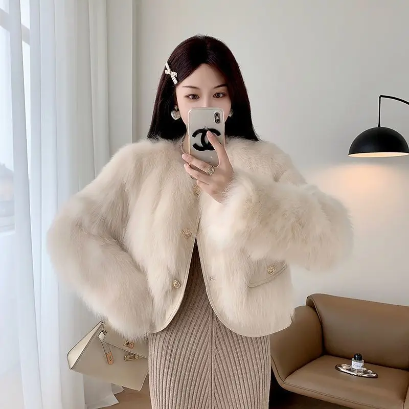 Apricot colored Small fragrant style Short Jacket Imitating Fox fur grass Women's Winter Round neck Young versatile High-end Top
