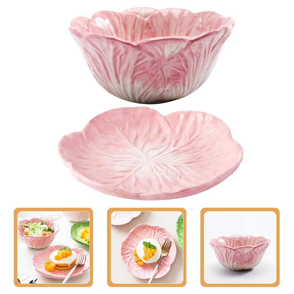 1Set 's Ceramic Bowl and Plate Set Cabbage Modeling Tableware for Snacks Dessert Gifts Cabbage Bowl - Image 2