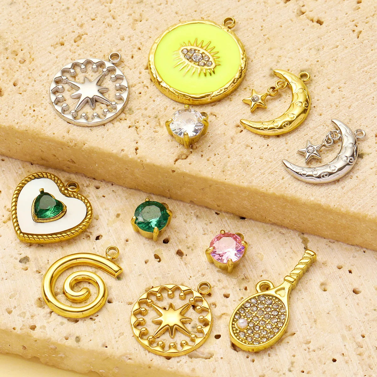3pcs/Lot French Stainless Steel Cresecent Moon Star Necklace Pendants Round Crystal Diy Charms Tennis Racket Jewelry Wholesale