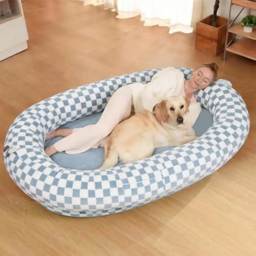 Human Dog Bed 74x50, Memory Foam Waterproof Liner Lounger,Blue Grid | Oversized memory foam bed for people & pets,washable cover