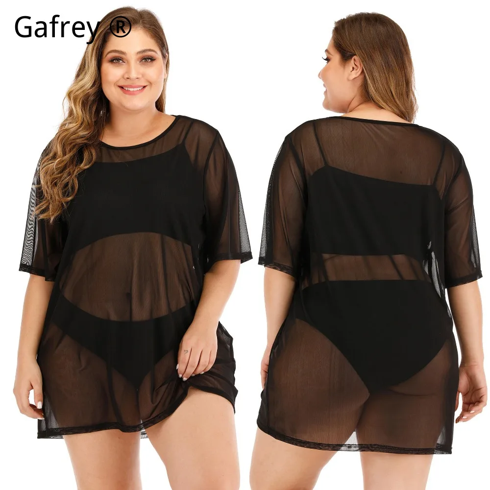 Plus Size Sexy Mesh Beach Dress 2026 New Sheer See Through Bikini Cover Up Bodycon Mini Club Dress for Women Summer Party