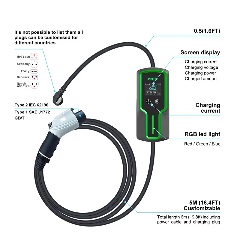 Smart Portable Ev Car Charger 3.5Kw 16A Home Ev Charger With Type 2 Plug