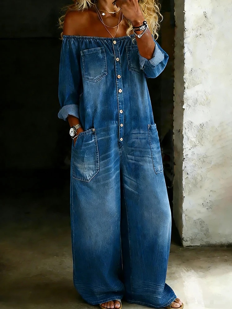 

Slash Neck Fashion Holiday Chic Jumpsuits, Women Spring Summer Wide Leg Pants Loose Playsiut, Button Long Sleeve Ladies Bodysuit