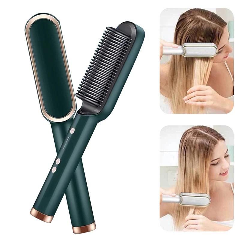 Straightening brush with quick heating feature to prevent heat damage, ideal for creating smooth and hair-free hairstyles
