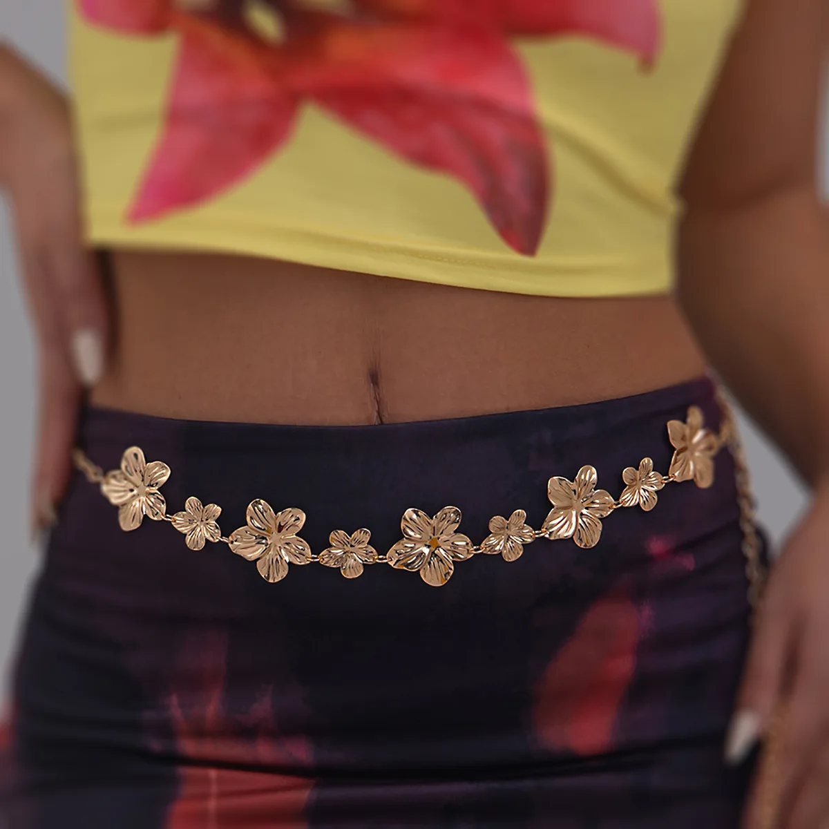 Body Chain with Flower Drop and Geometric Patchwork for Beach Vacation Women Premium Silver Tone Alloy Adjustable