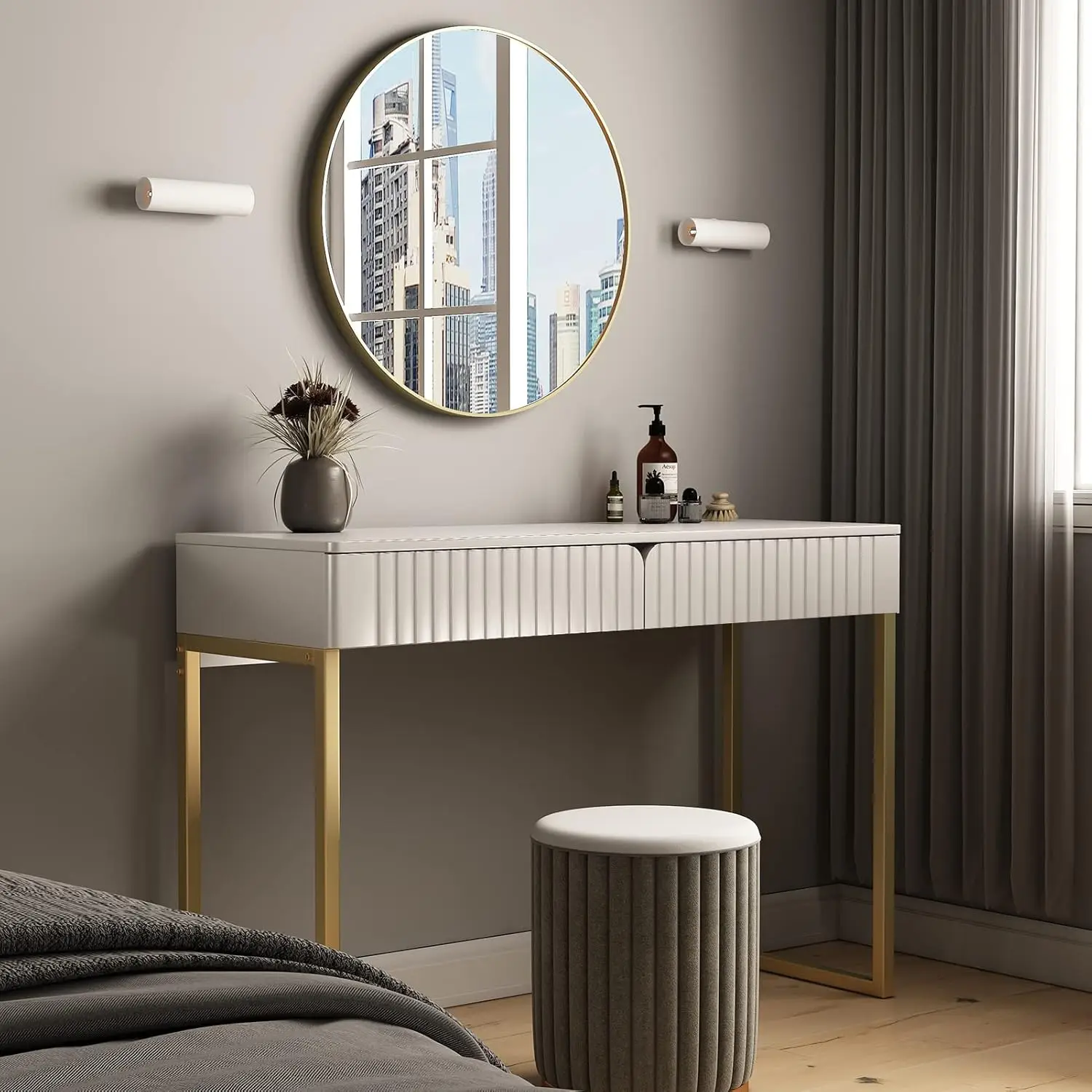 

Elegant Modern Desk, 2 Drawers, Gold Legs, 43.3X15.75 Hes, Home Office, Makeup Vanity, Computer, Writing, Study, Entryway, Sofa