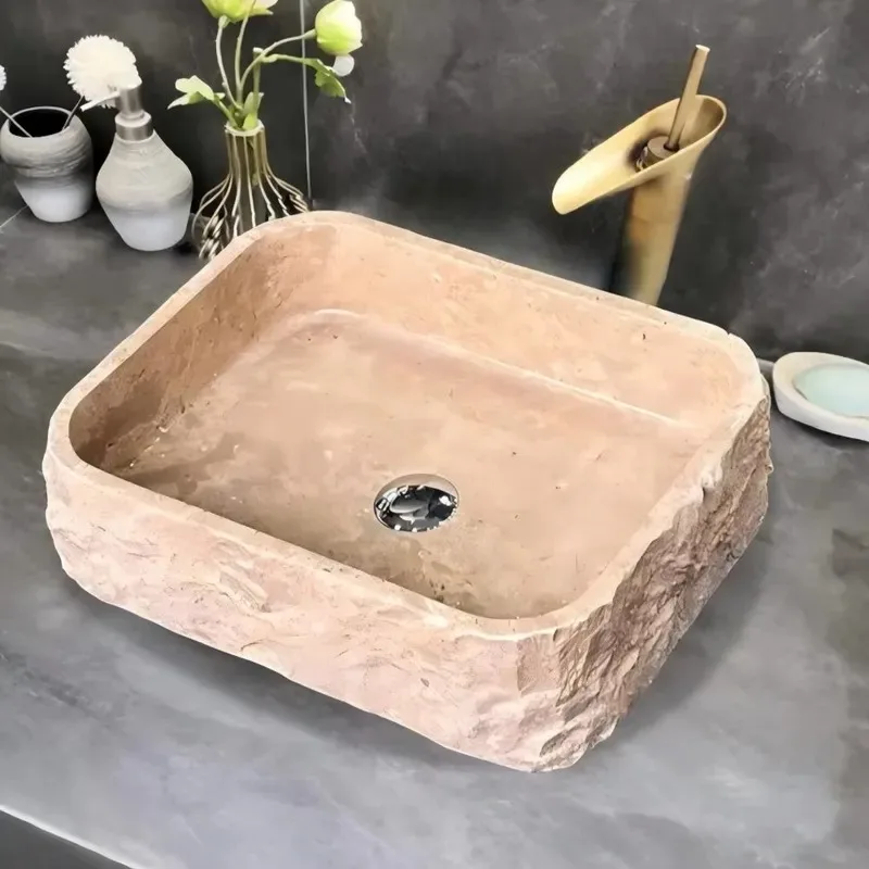 Polished Beige Limestone Modern Rectangle Countertop Sink Washbasin for Hotel Villa Apartments