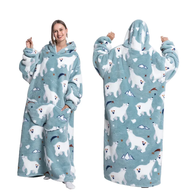 Luxury Winter Oversized Hoodies Sweatshirt Cartoon Dinosaur Panda Super Warm Long Hooded Blanket Flannel Lazy TV Blanket Pajamas