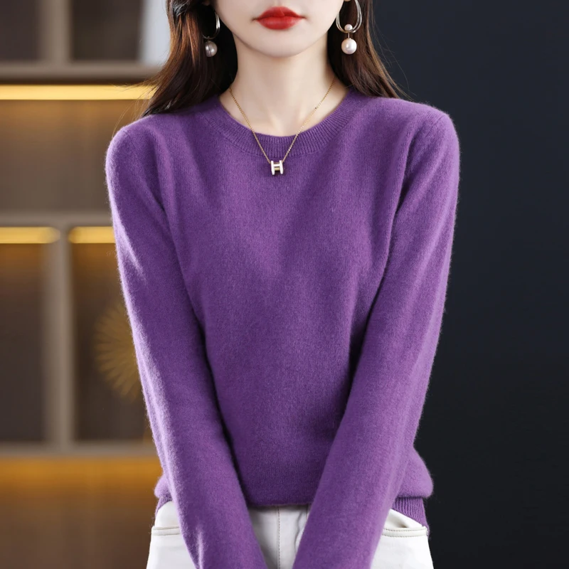 Autumn and winter new 100% pure wool cashmere sweater female O-neck pullover solid color casual knit top female Korean version