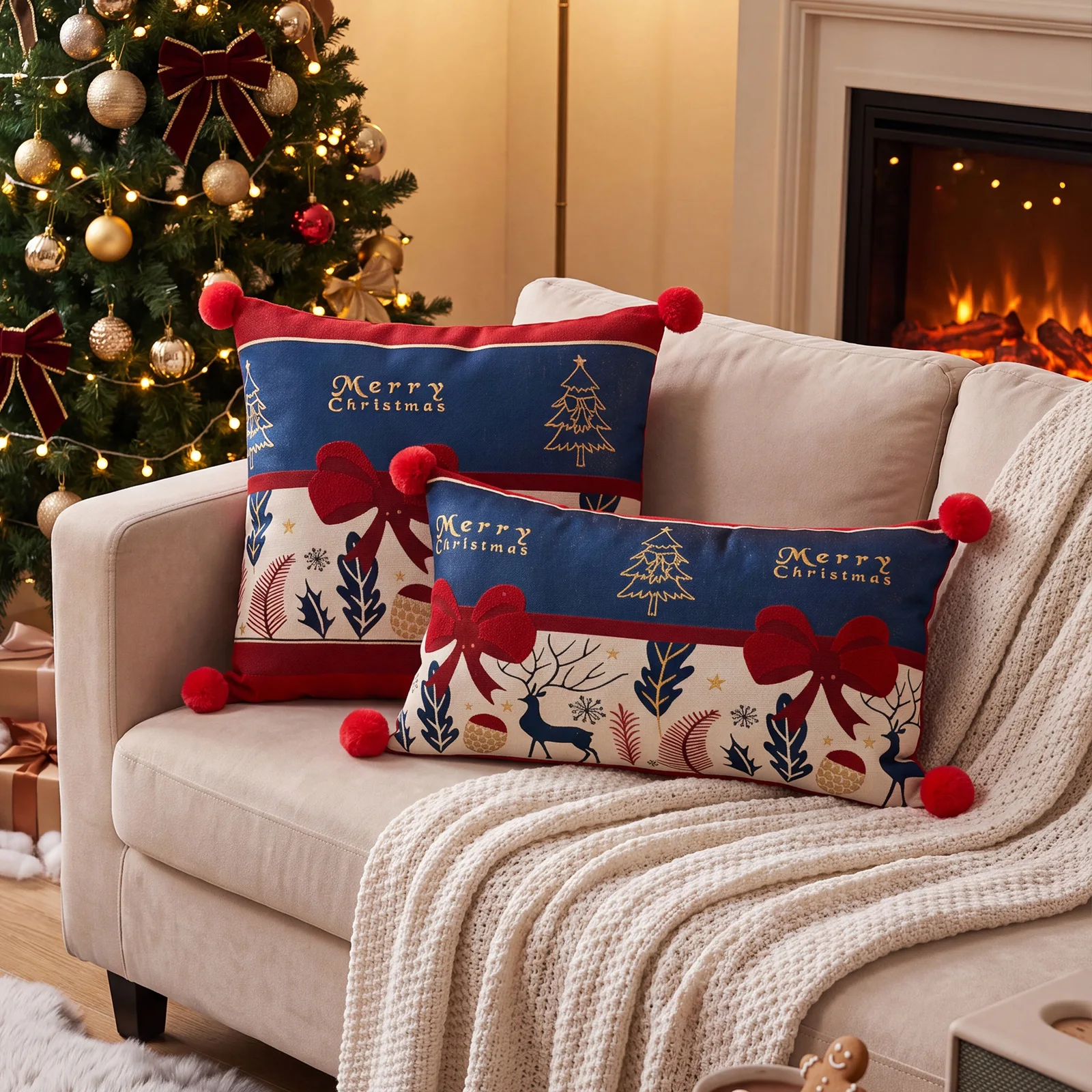 Weihnachtsroter Jacquard-Kissenbezug mit Cartoon-Elch- und Schneeflocken-Motiv, Plüsch-Sofadekoration, Kissenbezüge 45x45cm – Detail 10