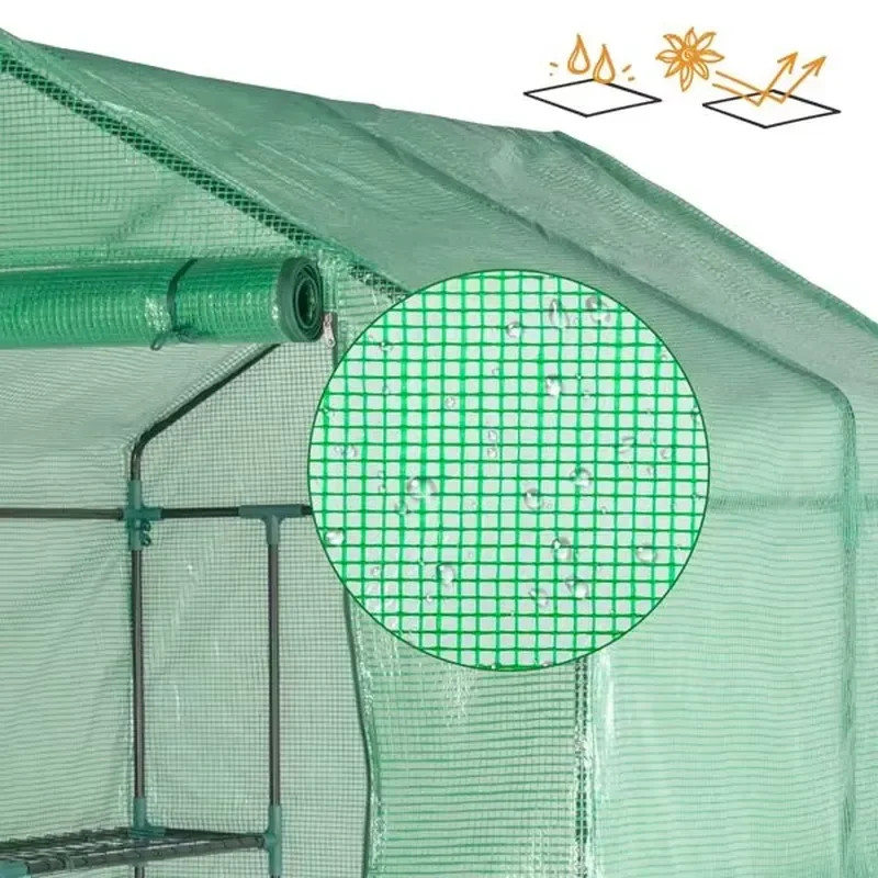 Black Iron Pipe Steeple Greenhouse 143x143x195cm with 8-Piece Grid Flower Stand Zipper Rolling Door PE Cloth for Gardens