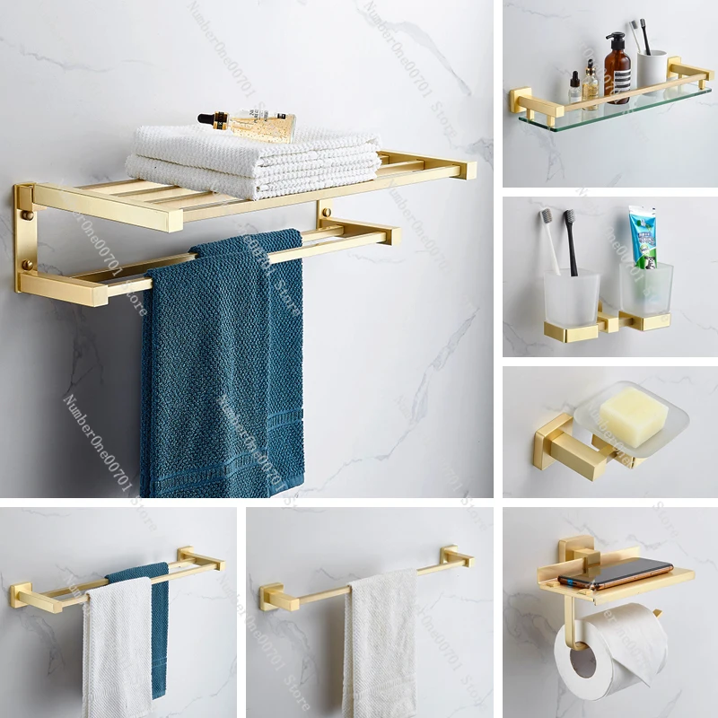 Nordic Simple Light Luxury Copper Brushed Gold Towel Rack Hardware Pendant Brass Gold Storage Rack Bath Towel Rack Suit