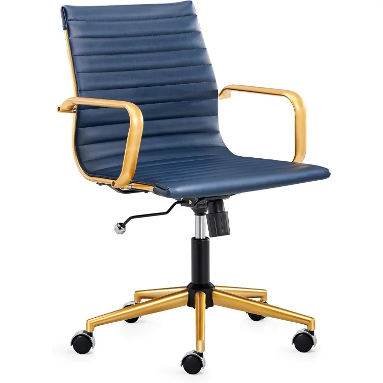 Gold Office Chair in Blue Leather, Mid Back Office Chair with Armrest, Blue and Gold Ergonomic Desk Chair for Back Support