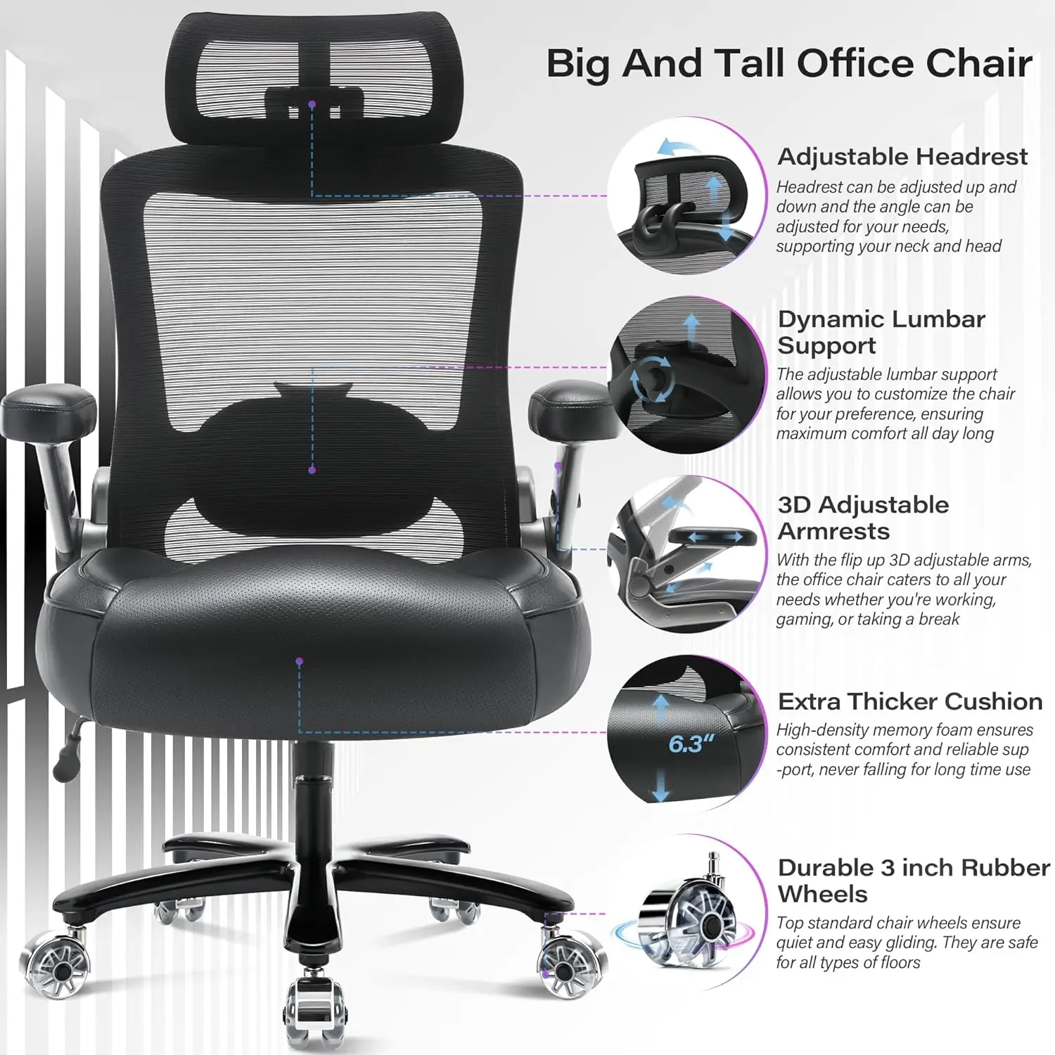 500lbs Big and Tall Office Chair- Heavy Duty Executive Computer Chair with 3D Flip Arms Large Wheels, Ergonomic Mesh High Back