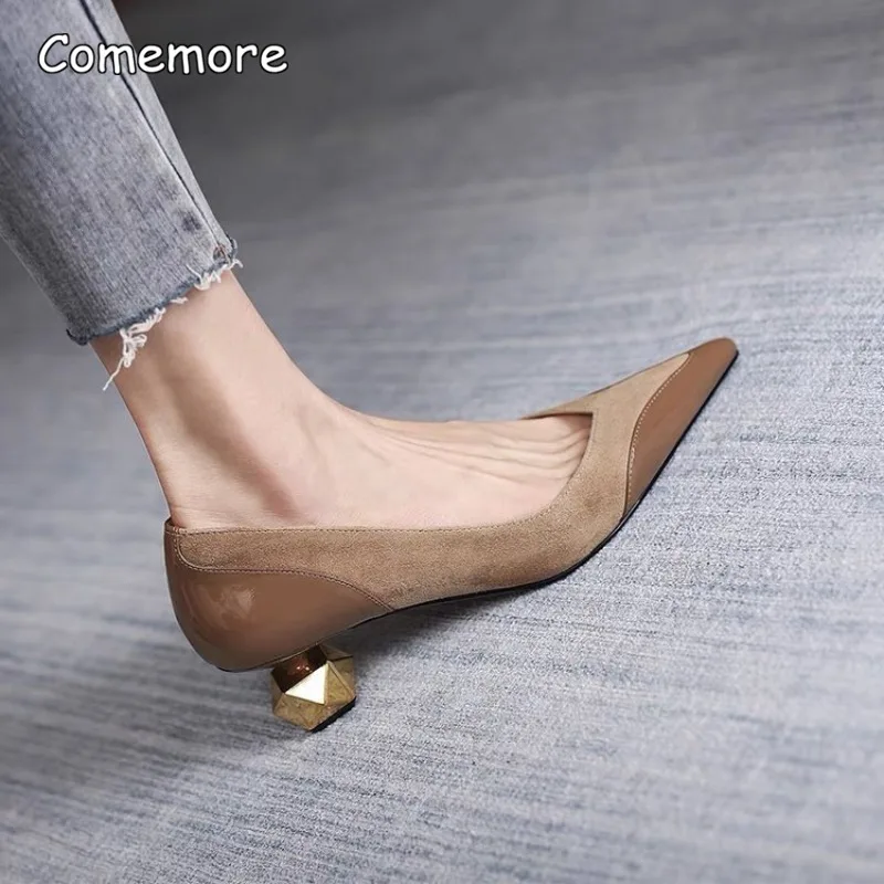 Comemore Shallow Mouth Fashion Women\'s Shoe Summer 2023 New Classic Pointed Thick Heel Female Pumps Retro Ladies Heeled Shoes 39