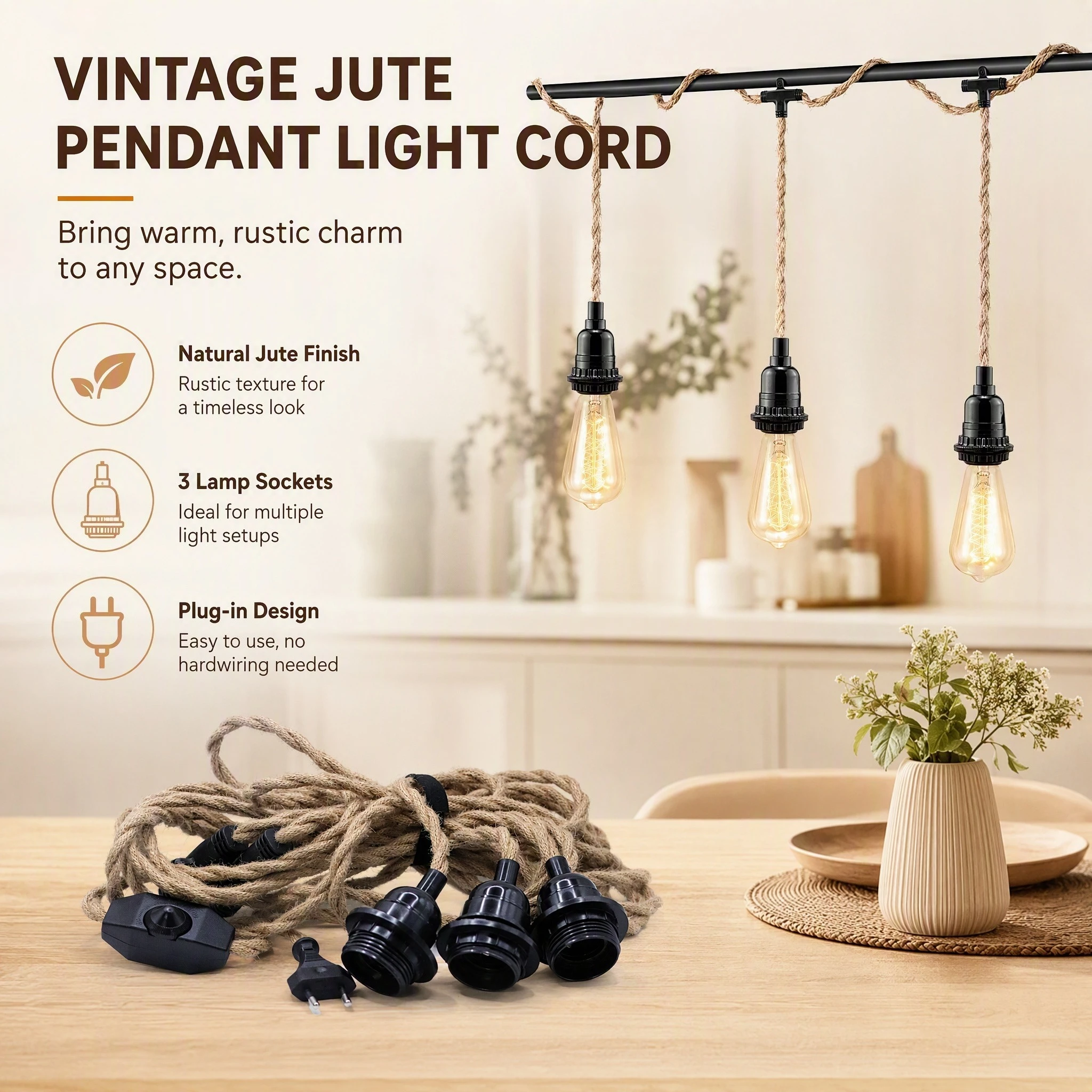 JOYINLED 3-Head Jute Rope Pendant Light Cord, Vintage Industrial DIY Hanging Lamp E27 Base 3-head Socket Hemp Cord Dimmer Switch
