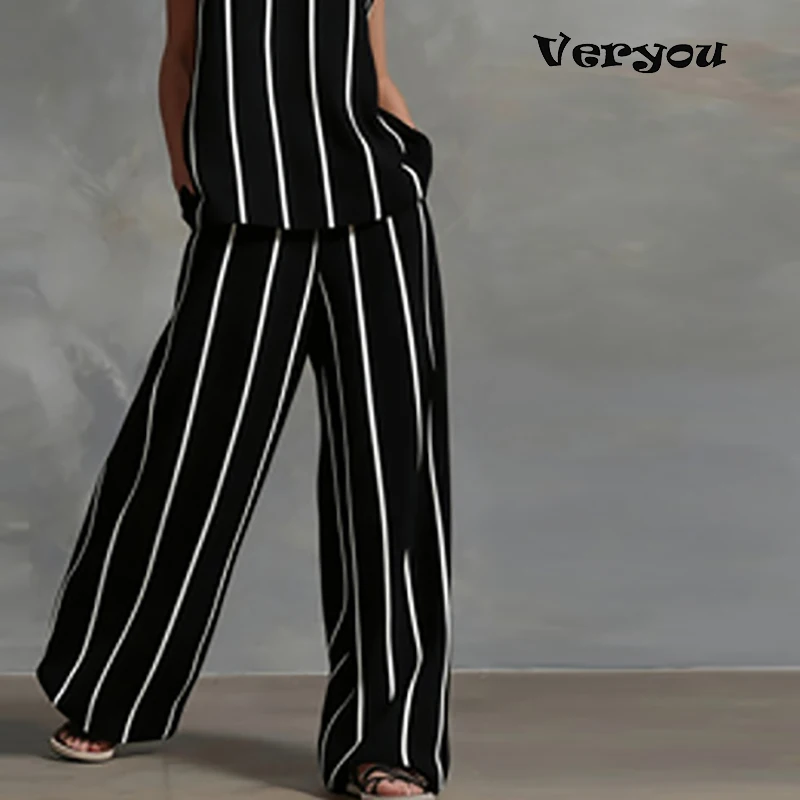 

New Summer Striped Printed V Neck Sleeveless T Shirt Vest Loose Pants Suit Women Sportswear 2PC Matching Set Women Two Piece Set