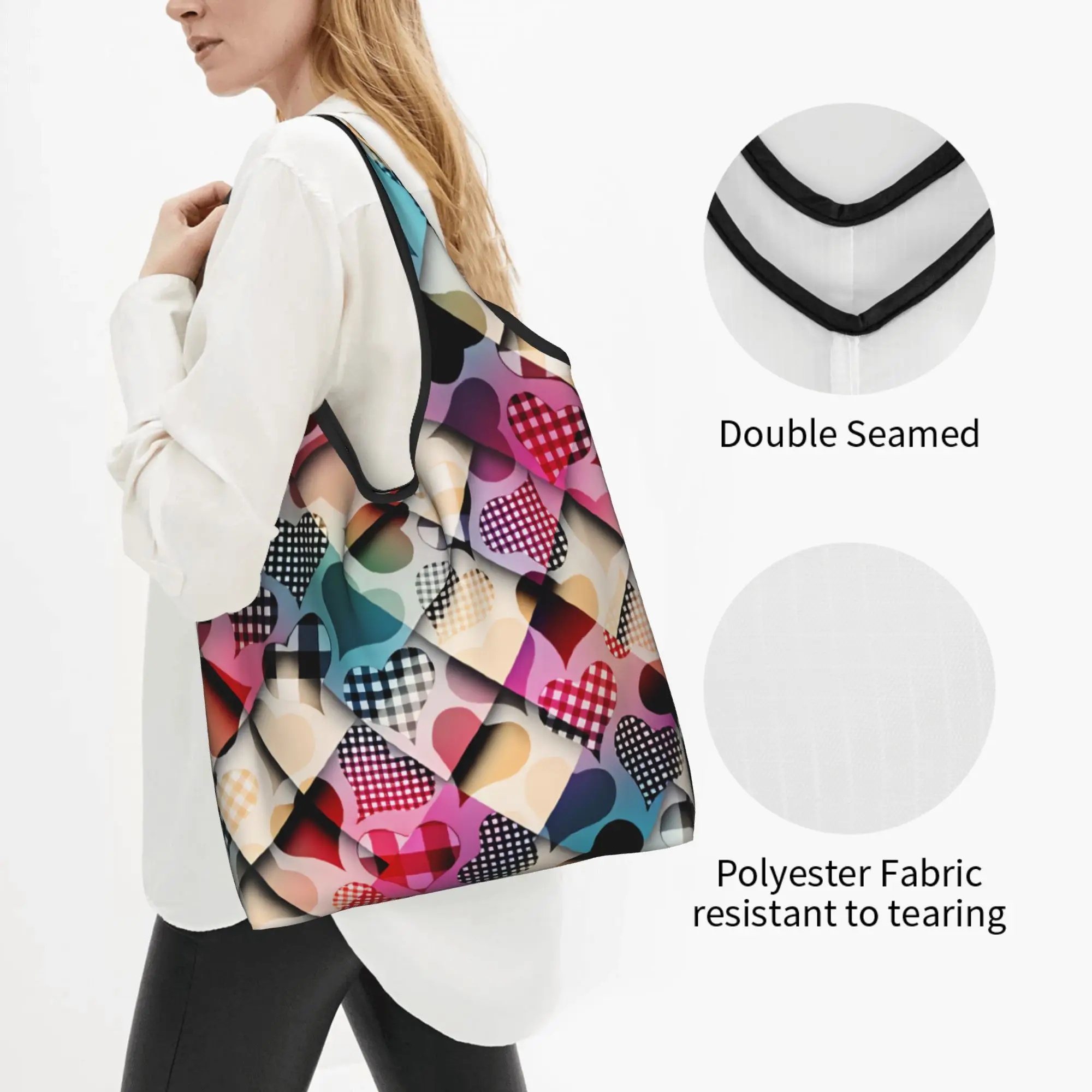 Valentine's Day Geometric Heart Op Art Grocery Tote Shopping Bag Women Custom Diagonal Plaid Heart  Shoulder Shopper Bag Handbag