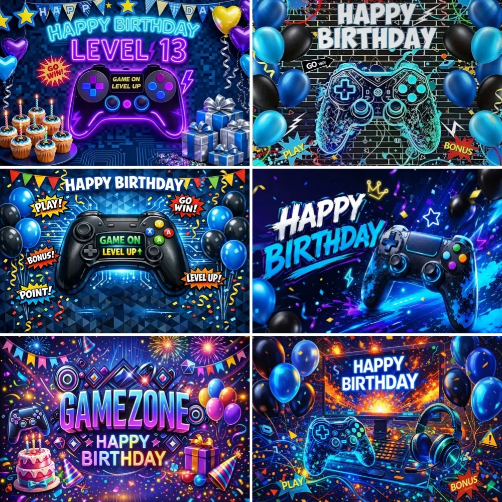 Esports Gaming Photo - ゲームゾーン ゲーマー誕生日背景 カラフルなバルーンと紙吹雪 ビデオゲームパーティー装飾背景 Eスポーツフォトブースバナー
