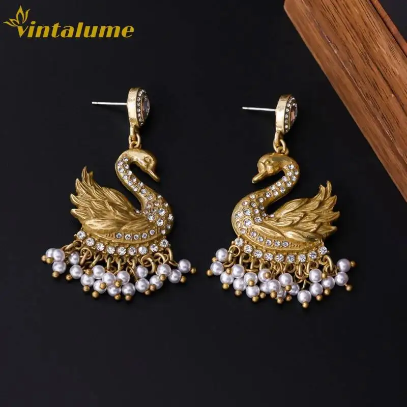 

Vintage Swan Pearl Tassel Drop Earrings Gold Plated Crystal Ethnic Statement Party Wedding Jewelry Vintalume
