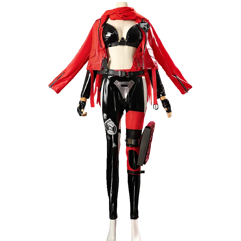 NIKKE-Disfraz de Caperucita roja para mujer, traje Sexy de cuero con chaqueta roja, sujetador y pantalones, uniforme de combate, ropa de Halloween