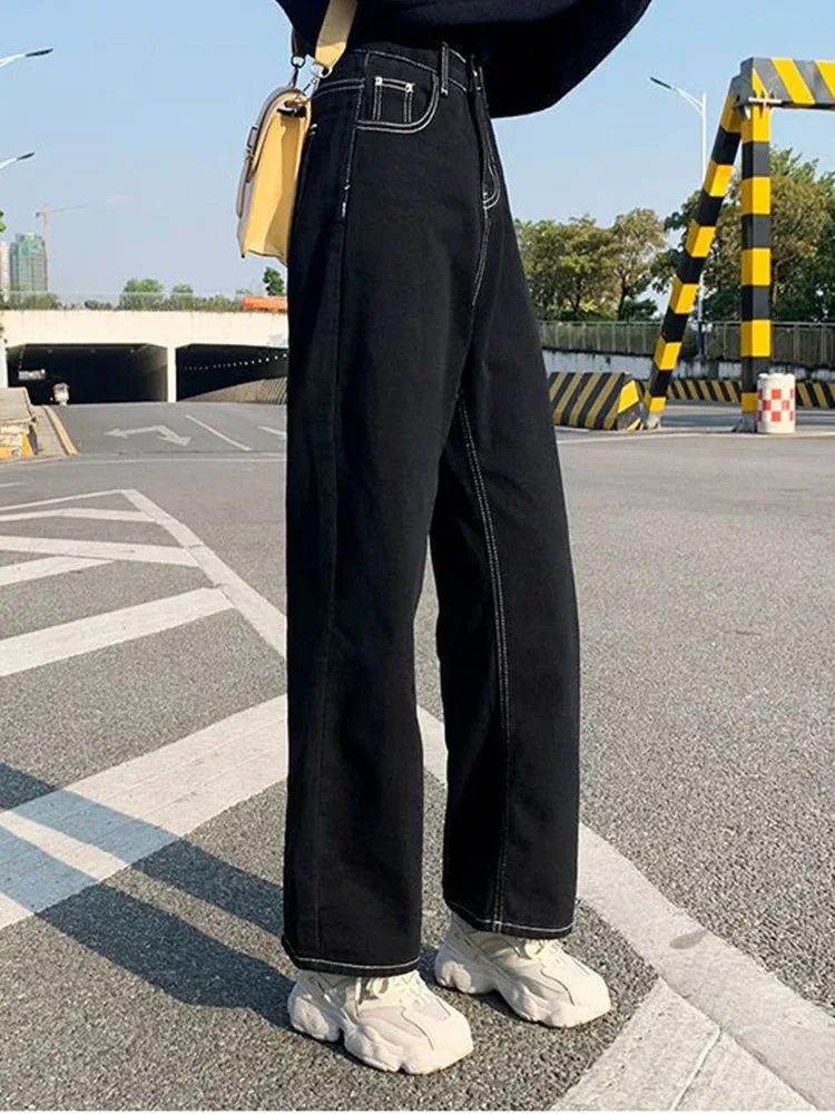 Casual Women Autumn All-match Wide Leg Trousers Girls Line Decoration Washed Jeans Lady Black Korean Style Straight Leg Pants