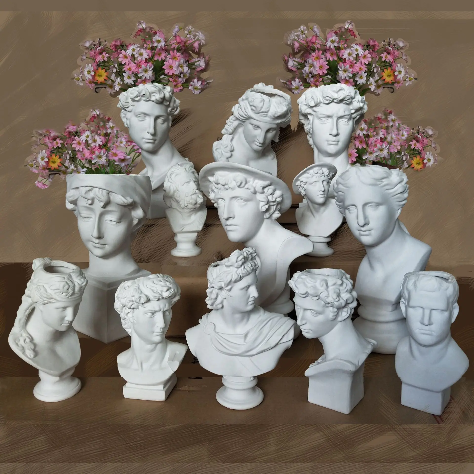 Resin Imitation Gypsum David Statue Makeup Brush Holder Vase, Human Head Flower Pot Succulent Planter Art Decor Supplies