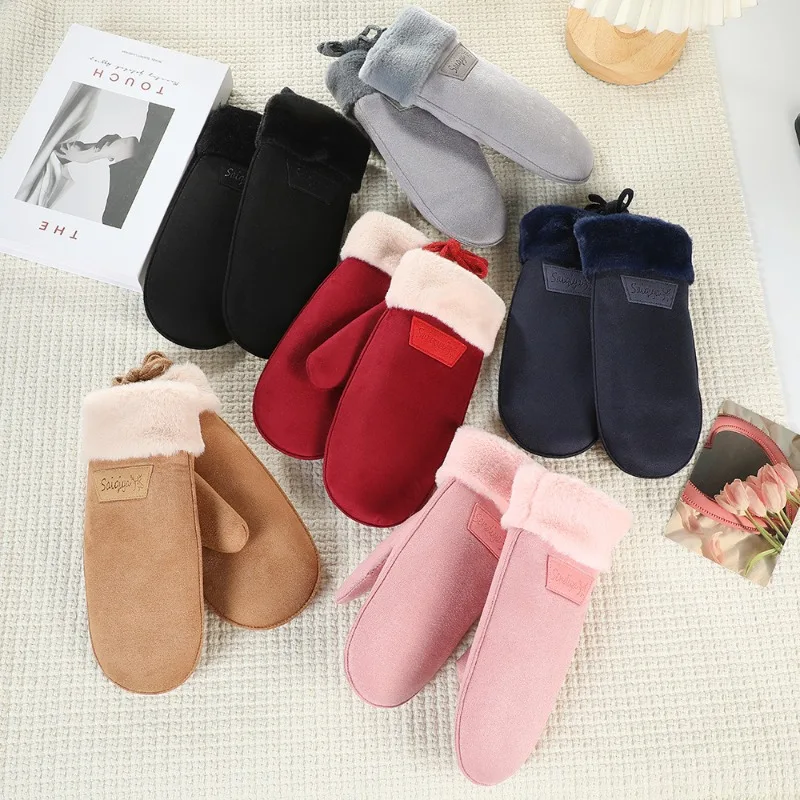 Suede Mittens Women Winter Keep Warm Thickened Hanging Rope Gloves Cute Lovely Sweety Windproof Outdoor Drive Cycling