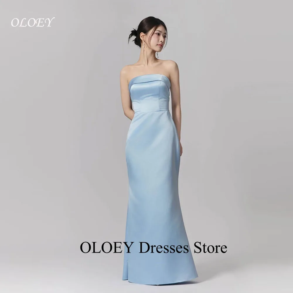

OLOEY Simple Blue Satin Evening Party Dresses Korea Photo shoot Strapless Formal Party Dress Customized Wedding Party Women