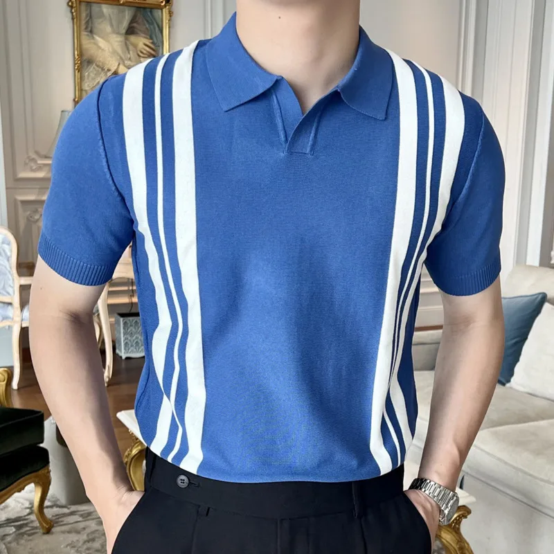 High Quality Men's Striped Knitted Polo Shirt Short Sleeve British Style Casual Business Social Polos Breathable Lapel Tee Tops