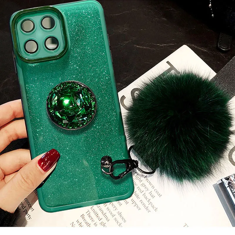 HonorX8 5G Luxury Fur Ball Lanyard Case For Huawei Honor x6 x6s x8 5G x6a X8a X7a Glitter Case Honorx6 With Diamond Holder Cover