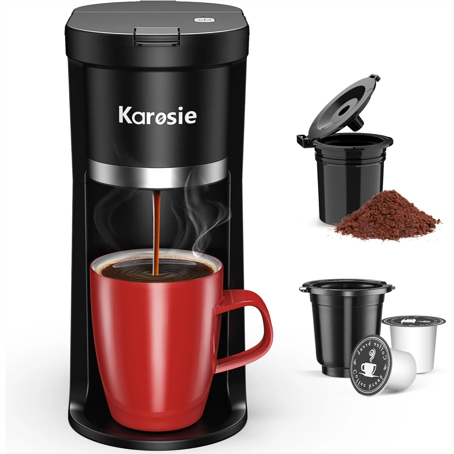 Cafeteira pequena de dose única, preparação rápida para K-Cup e café moído, tamanhos de 6 a 12 onças, operação com um botão com descalcificação