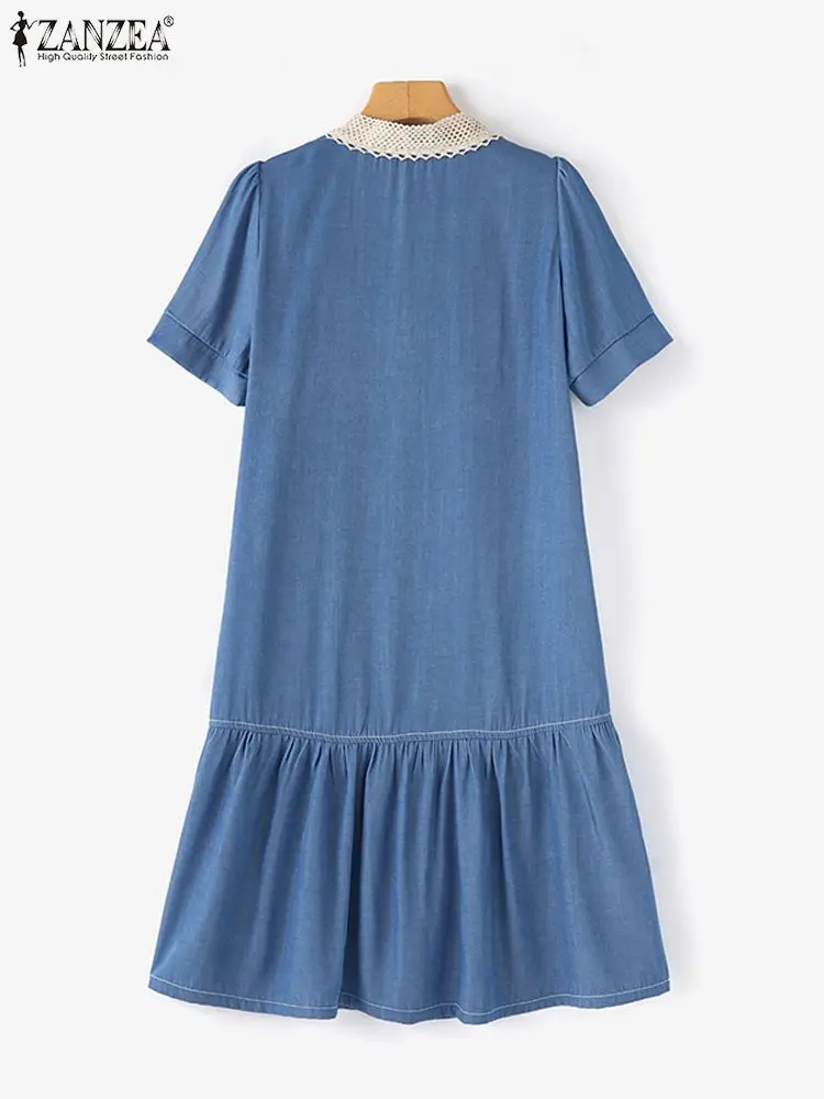 Elegant Women Summer Dress ZANZEA New Denim Blue Party Sundress Short Sleeve Ruffles Hem Vestidos Bow Tie Work Robe Femme image 5