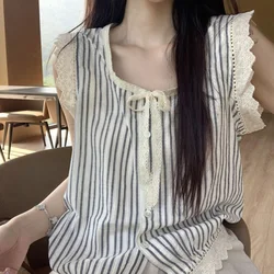 Korean Fashion Elegant Casual Loose Lace Patchwork Striped Sleeveless Shirt Summer New Sweet Young Style Temperament Women's Top