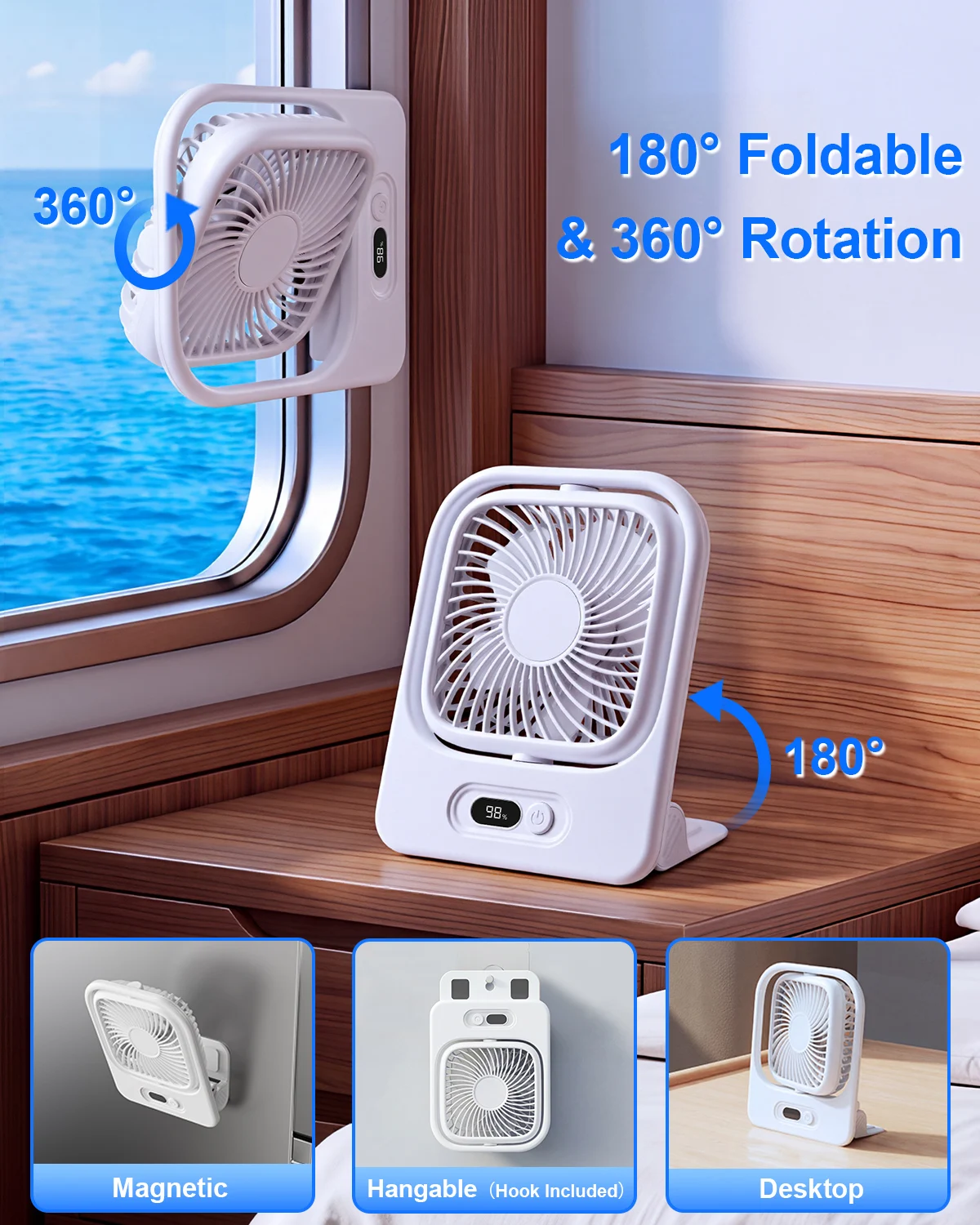 Hipacool Mganetic Fan for Cruise Ship 3000mAh Rechargeable Battery Cooling Fan fro Wall & Desktop Foldable & 360° Adjustable