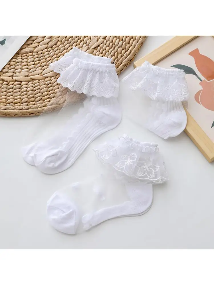 10pair 2022 Summer New Children Socks Girls Lace Princess Mesh Glass White Breathable Transparent Suitable For 1-8 Aged