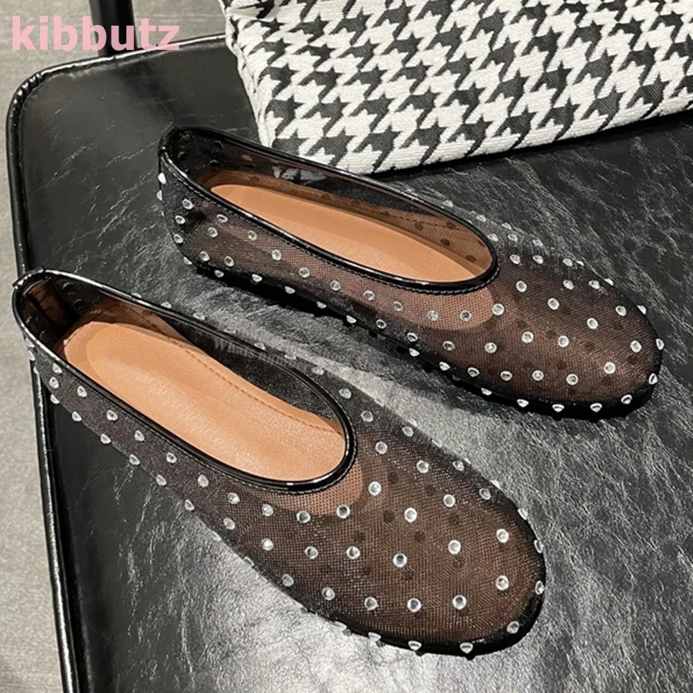 Crystal Mesh Ballet Pumps Round Toe Flat with Glossy Slip-On Solid Color Fashion Elegant Sexy Concise Party Women Shoes Newest
