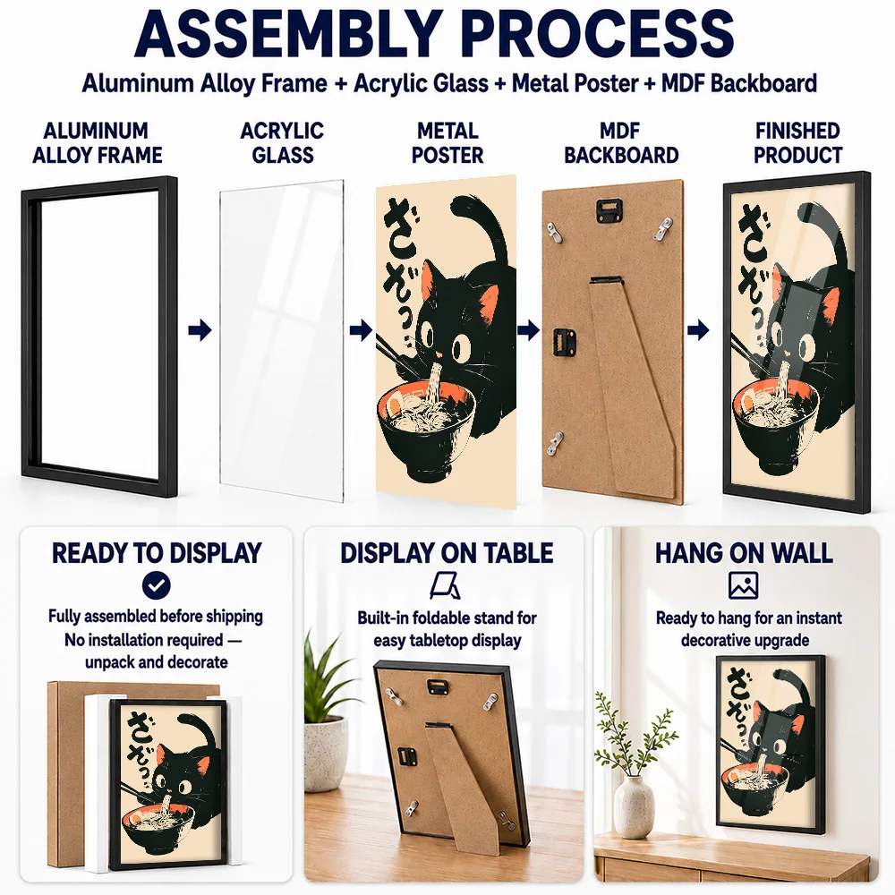 Japan Cat Ramen Framed Metal Poster Personalized Photo Calm Oriental Style Wall Art For Living Room And Bedroom Zen Lover Gift