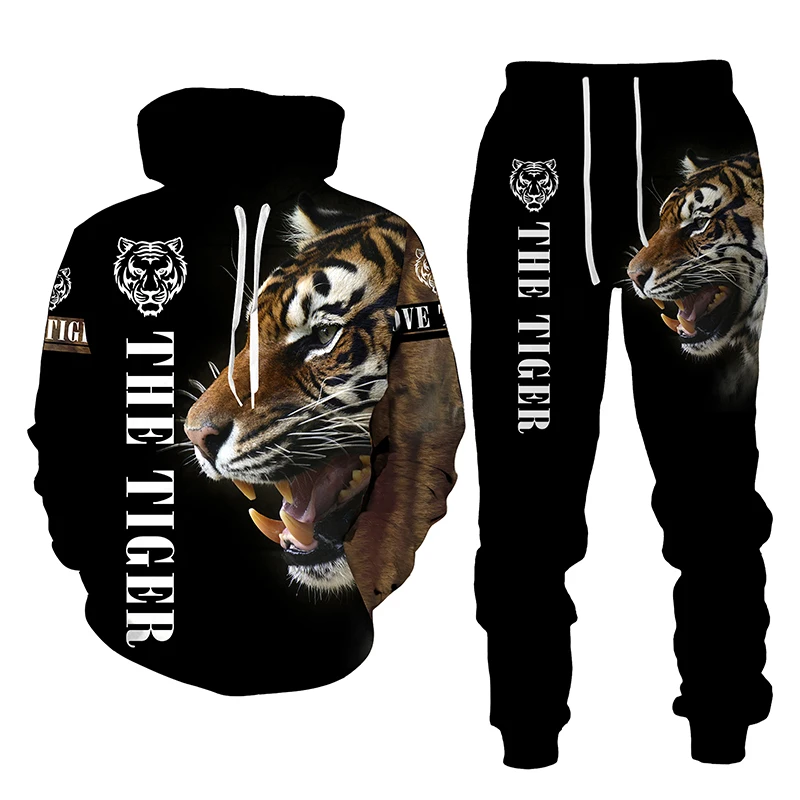 The Tiger 3D Printed Men\'s Hooded Sweatshirt Set Pants Men\'s Sportswear Tracksuit Long Sleeve Autumn Winter Men\'s Clothing Suit