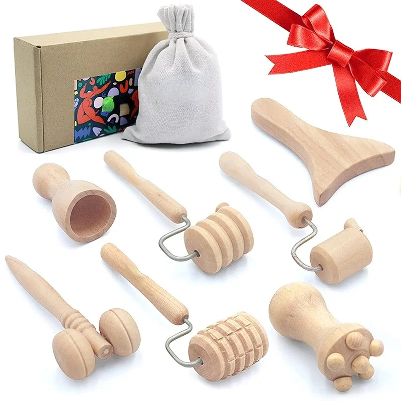 Wooden Massage Tools Wood Tool Stainless Steel Guasha Massager Wood Therapy Massage Tools Set Guasha Roller Set