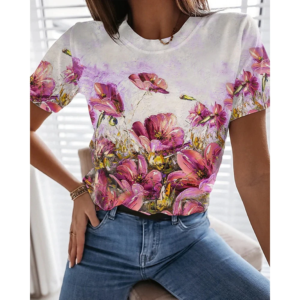 Fashion Casual Women's T-Shirts 3D Flower Pattern Short Sleeve Tee Summer Loose O-neck Top Comfortable Versatile Female Clothing